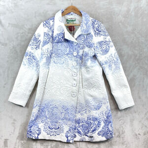 Desigual Ariel Blue White Textured Jacquard Coat Jacket Size 44 L Paisley Arty